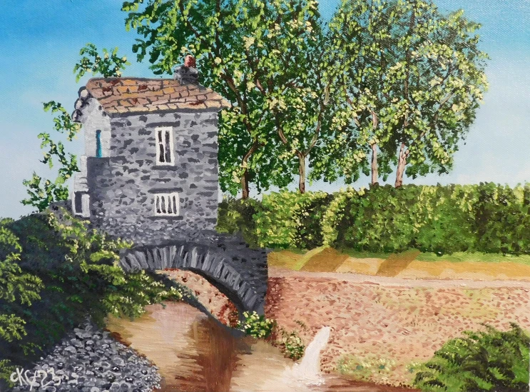 painting of old stone bridge with tree on hill by water