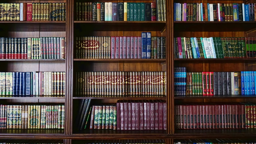 a long book case with many different books