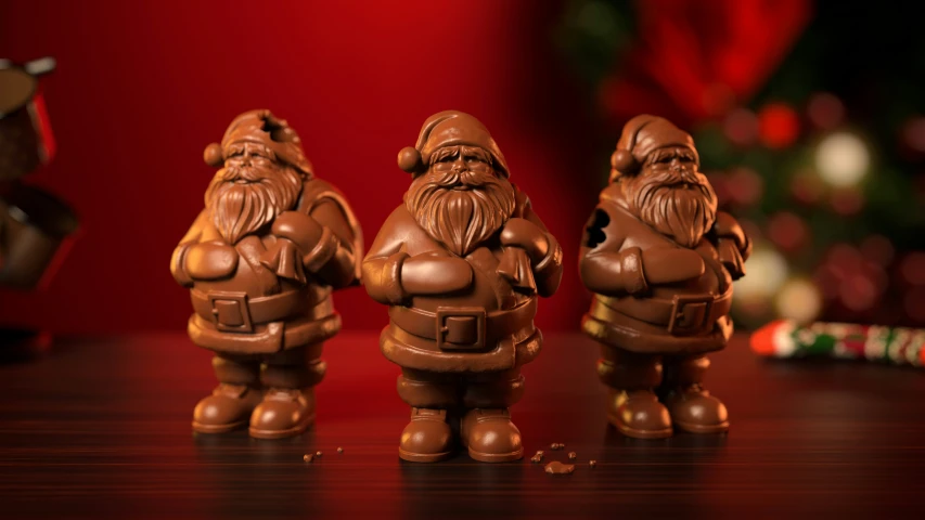 chocolate santa statues, one is brown, and the other a light tan with beards