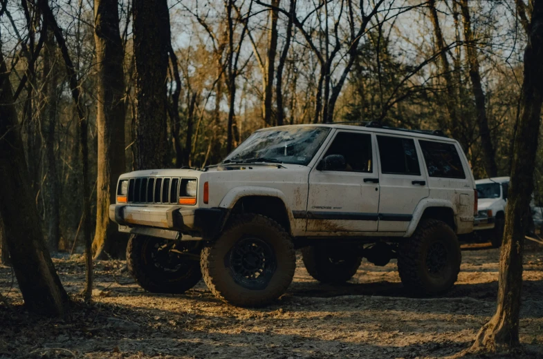 the white jeep is parked by the woods