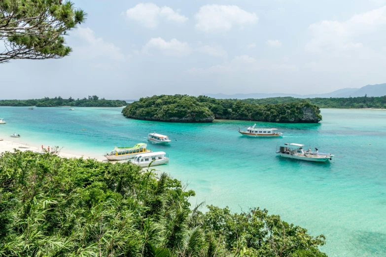 the beach has four boats out in the clear blue water