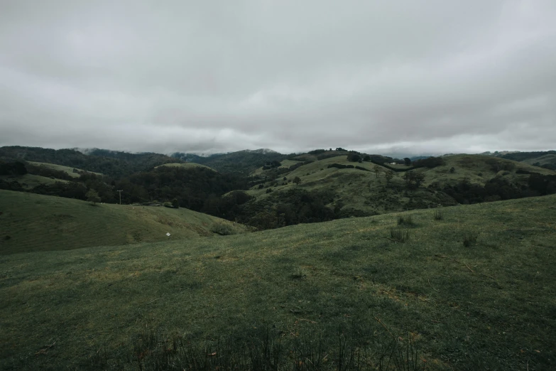 a hillside with green trees and clouds in the background