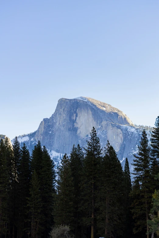 the mountain has snow on it with pine trees around