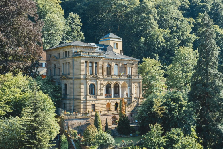 a castle sits high in the trees and looks like it has been built