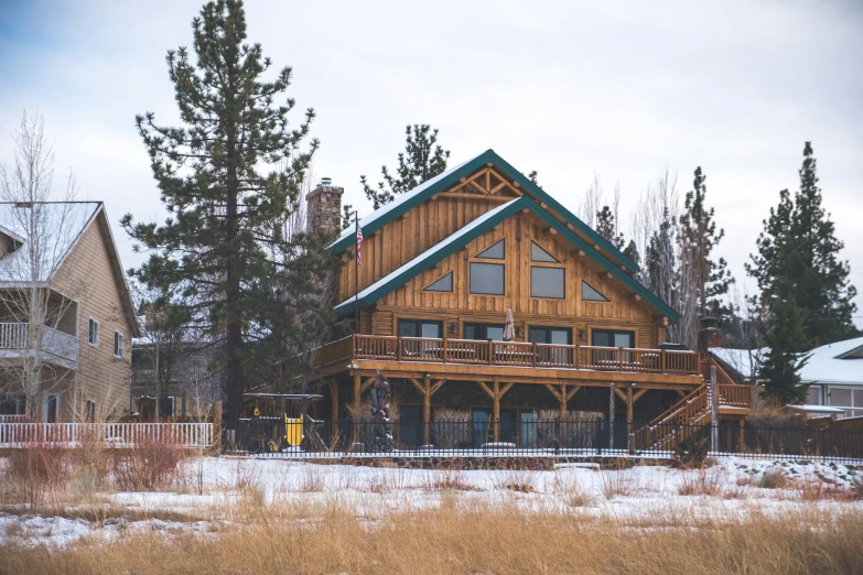 two houses are in the snow with trees near by