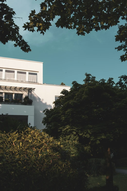 the apartment is tall and white, with the grass below it