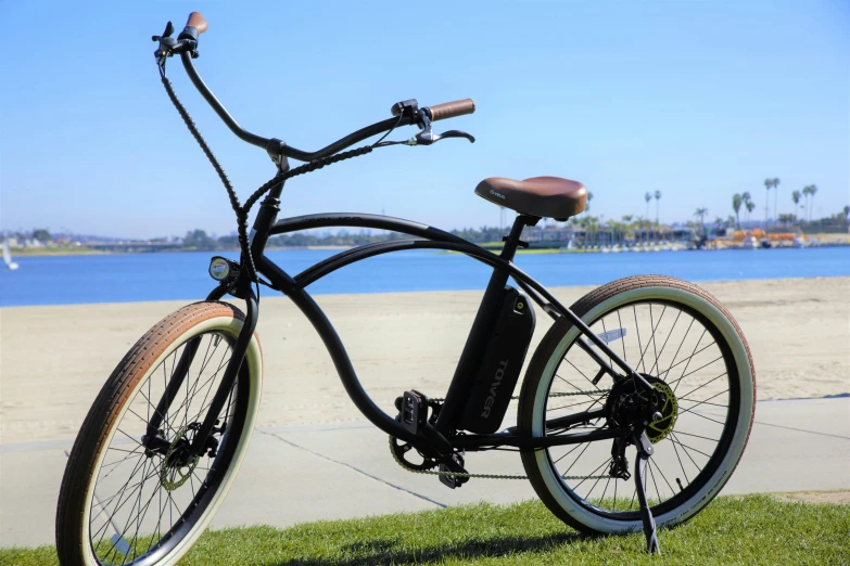 the bike is parked on the grass near the beach