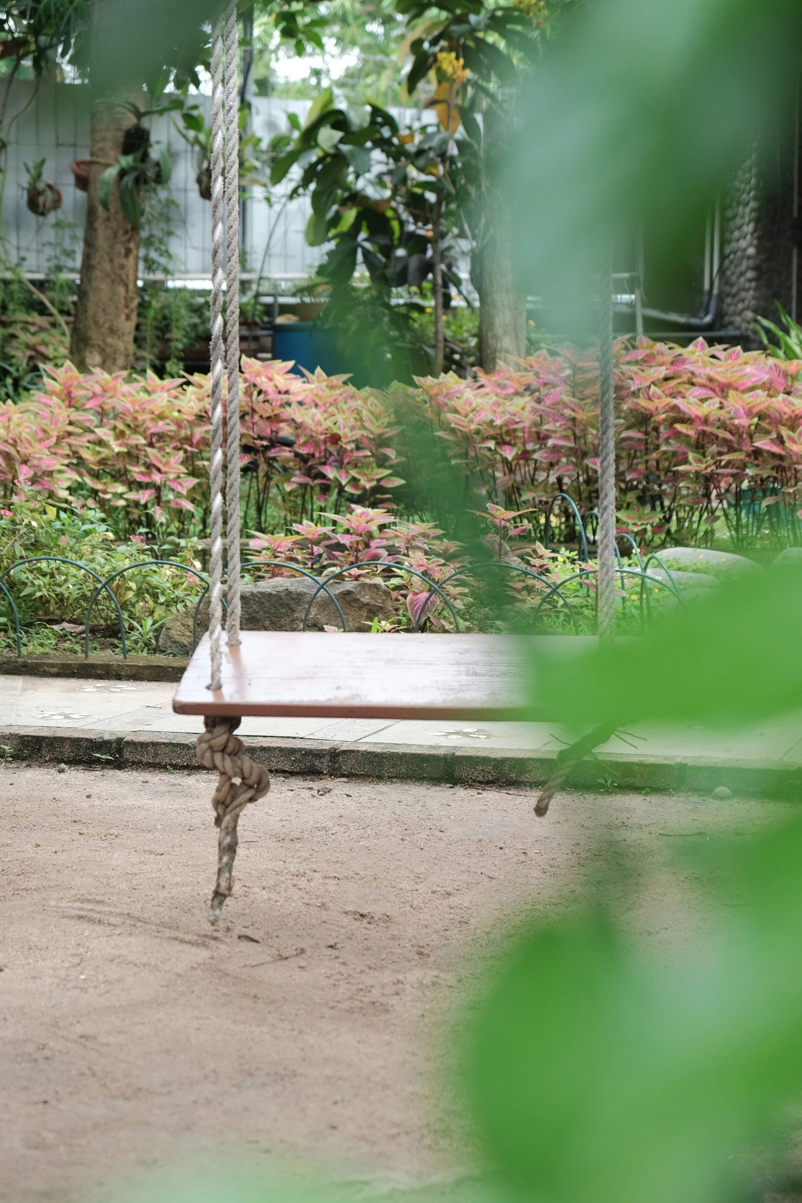 a wooden bench is sitting in front of flowers