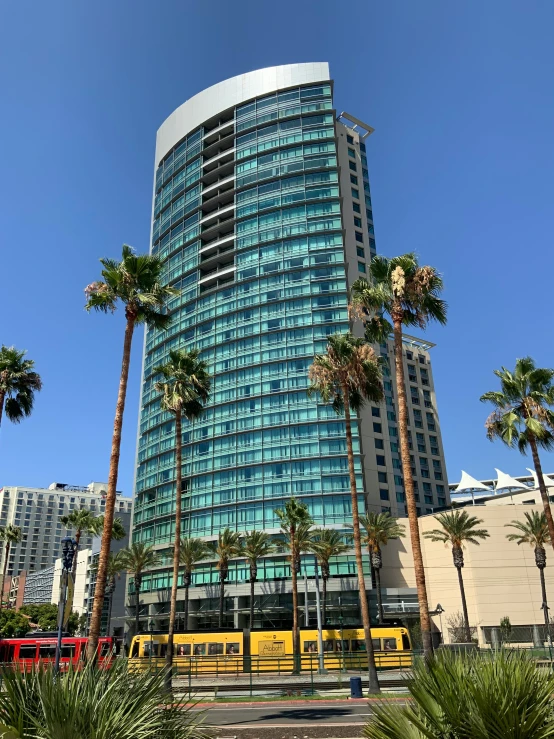 an office building is surrounded by palm trees