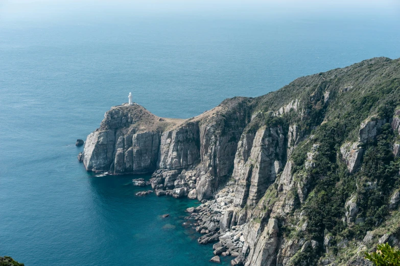 the coast is surrounded by small cliff sides and is dotted with plants