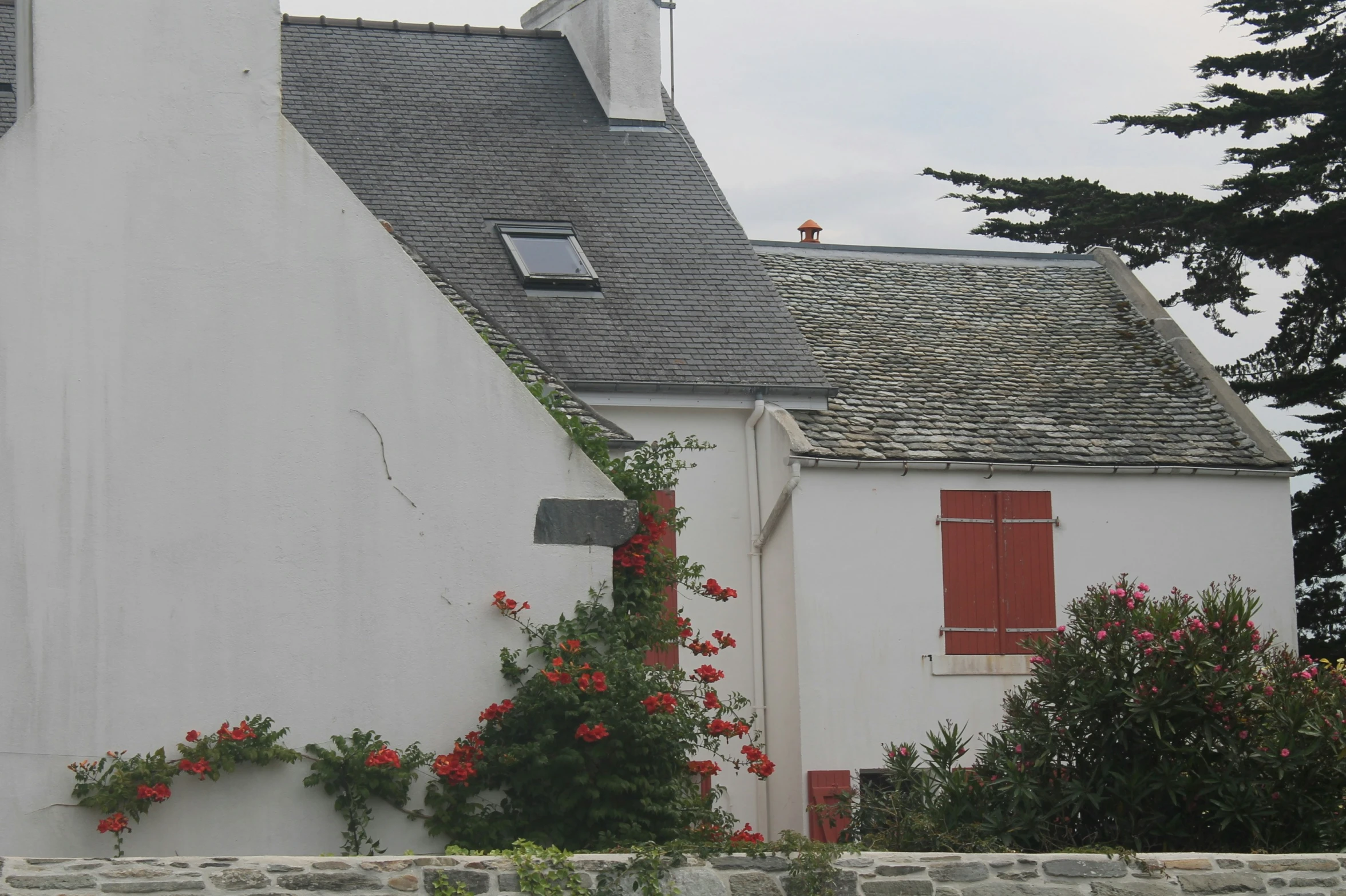 a large white house with flowers growing up the side of it