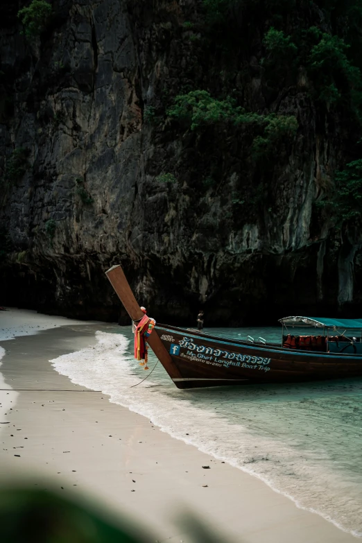 a boat with a wooden board is on the shore