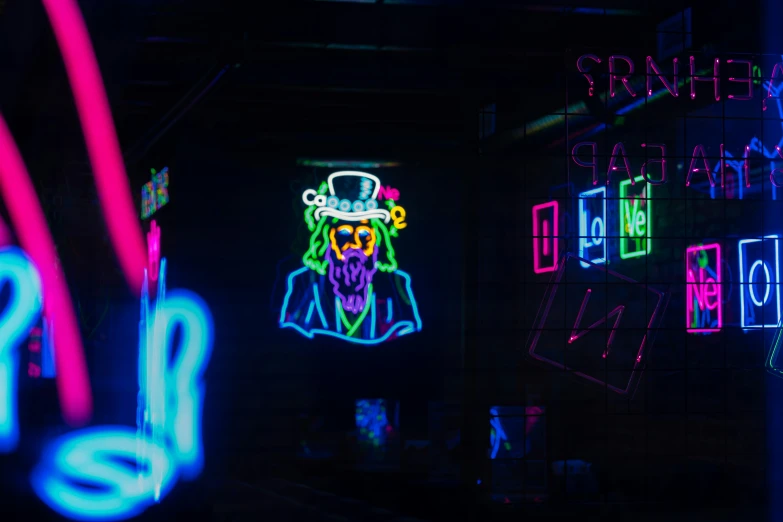 neon signs and lights in a dark area