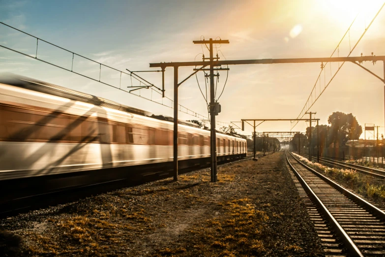 a train moving past a field full of power lines