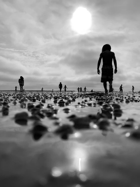 a couple of people walking through a field