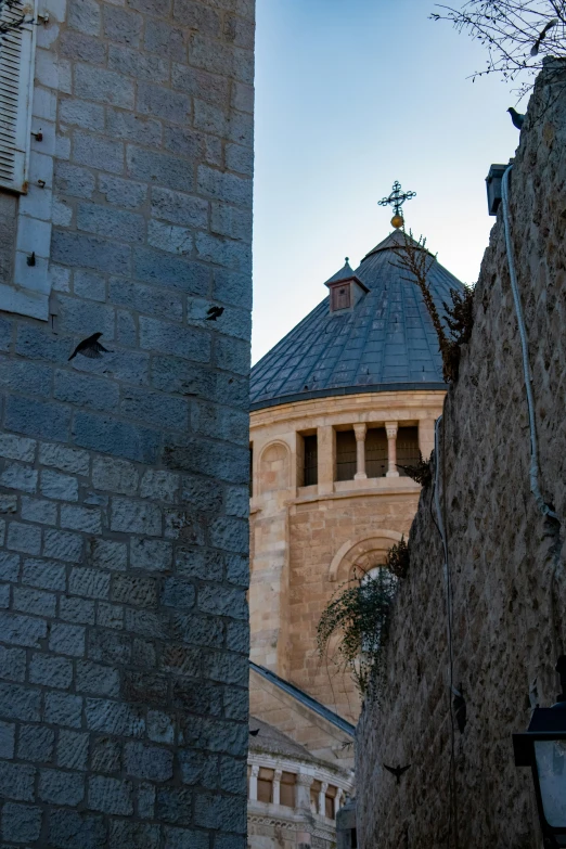 the old buildings look steep in this narrow alley