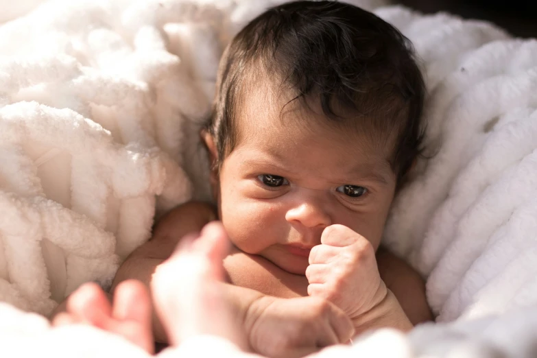 a close up of a baby laying in a blanket