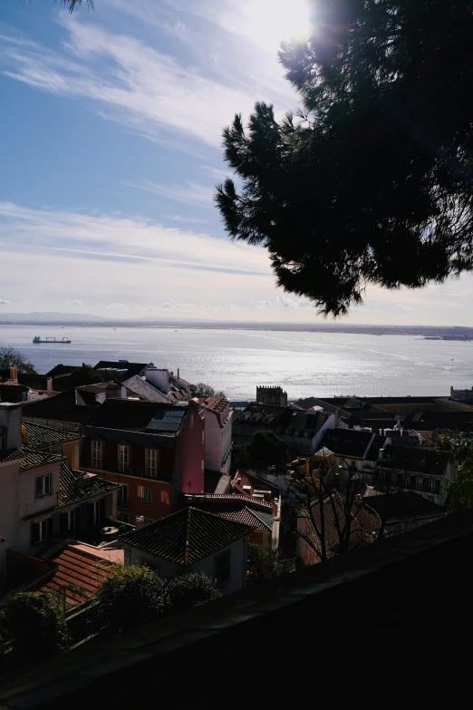 a view of the ocean and the city with houses below