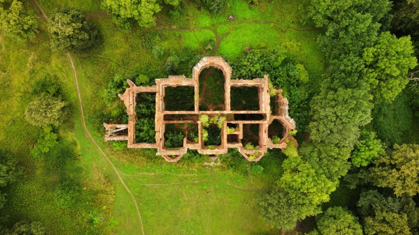 an aerial view shows the structure of a ruin