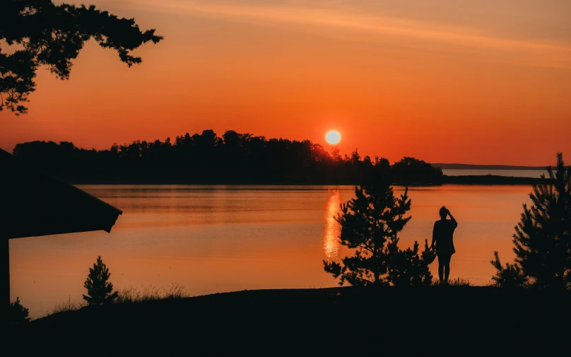 a man standing next to a tree next to a lake