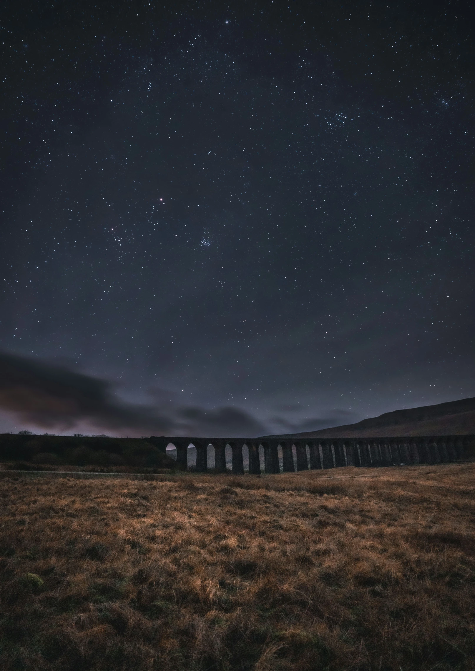 an empty field with a night sky and stars