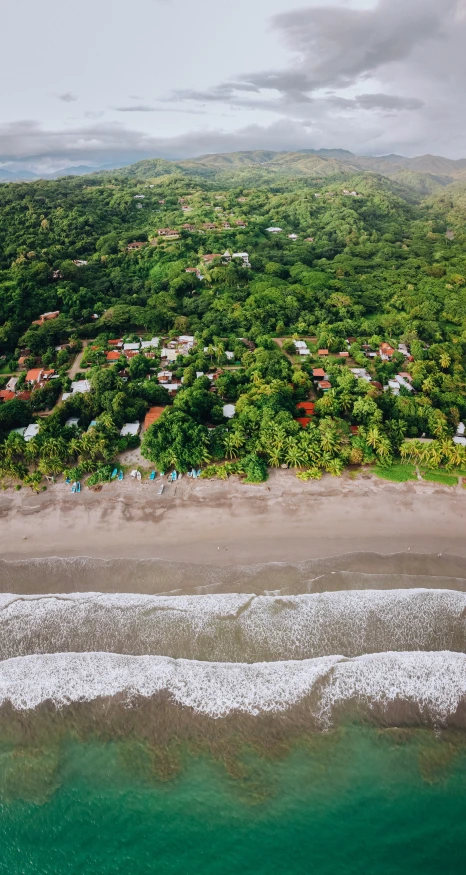 the beach is surrounded by trees and houses