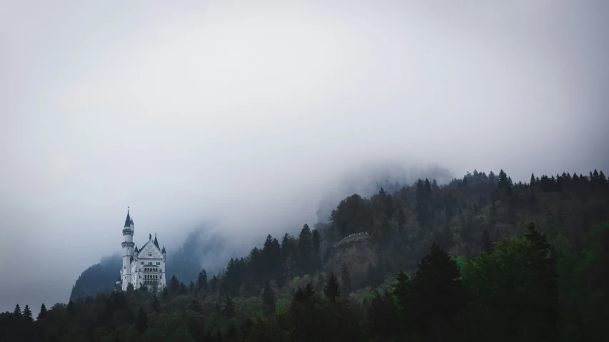 a large tower on top of a hillside with pine trees