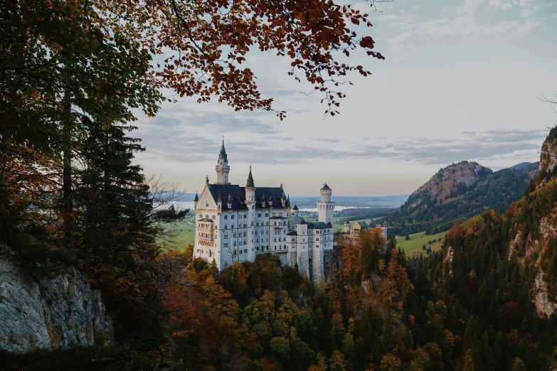 a castle surrounded by trees in the mountains