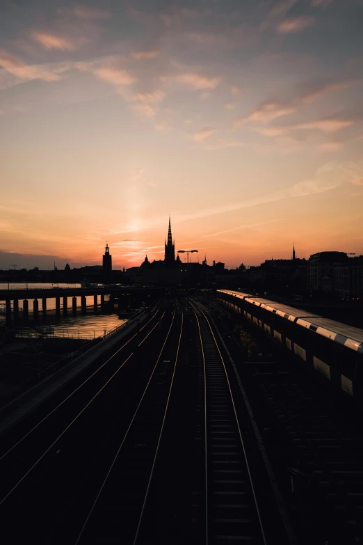 a train track with the sun going down