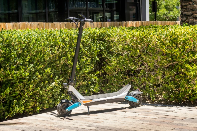 a scooter sits in front of bushes outside