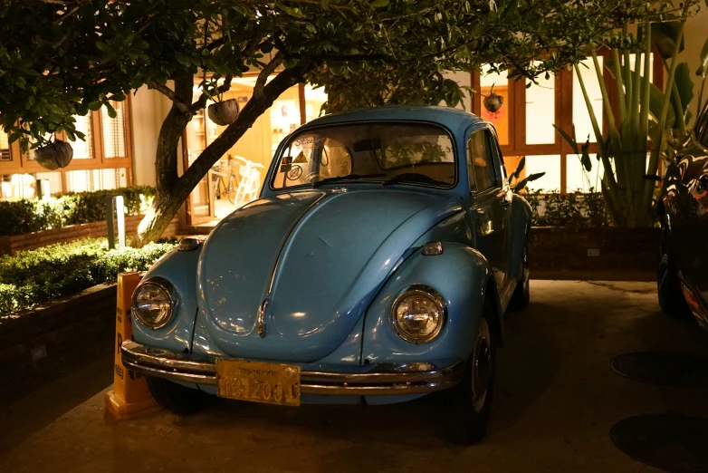 a vw bug in front of some trees