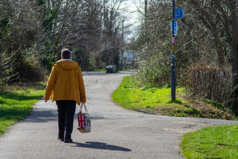 a person carrying bags is walking down a road