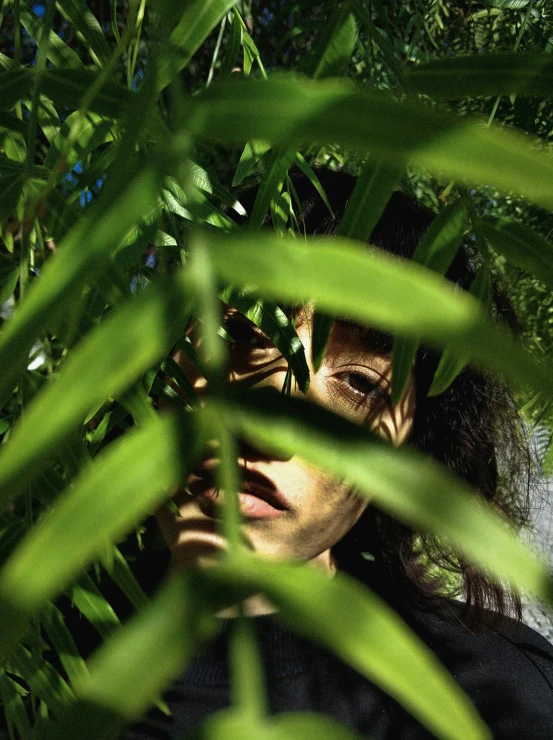 a young woman hiding under some green trees