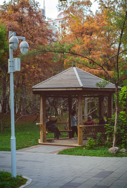 a wooden pavilion with a man on a moped in the park