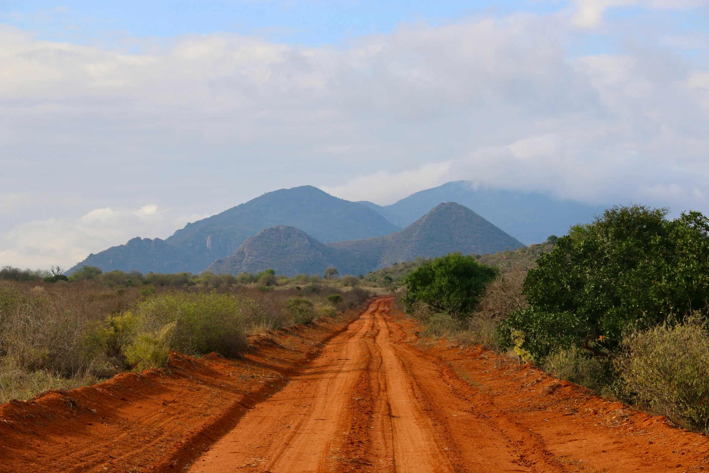 a red dirt road with a mountain in the background