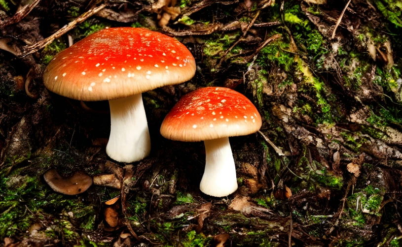two mushrooms sitting on the ground by some grass
