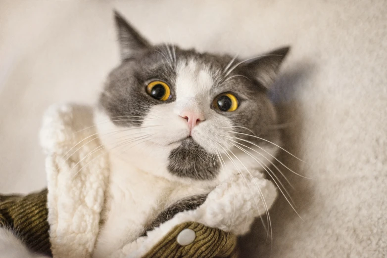 this is a grey and white cat sitting up against a wall