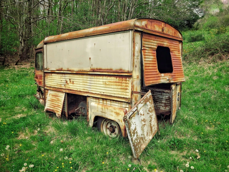 a rusted out truck is sitting in the green grass