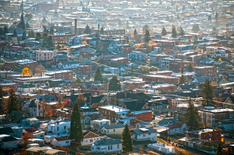 a town with houses surrounded by trees