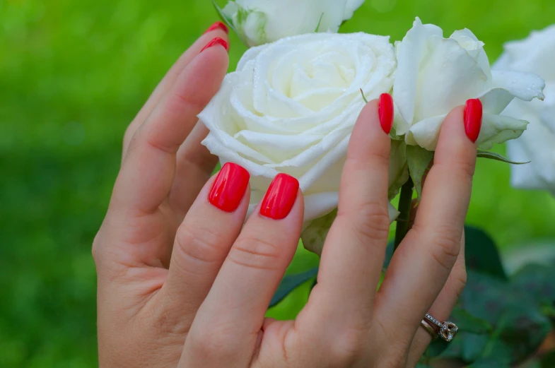 a woman holds a bouquet of white roses