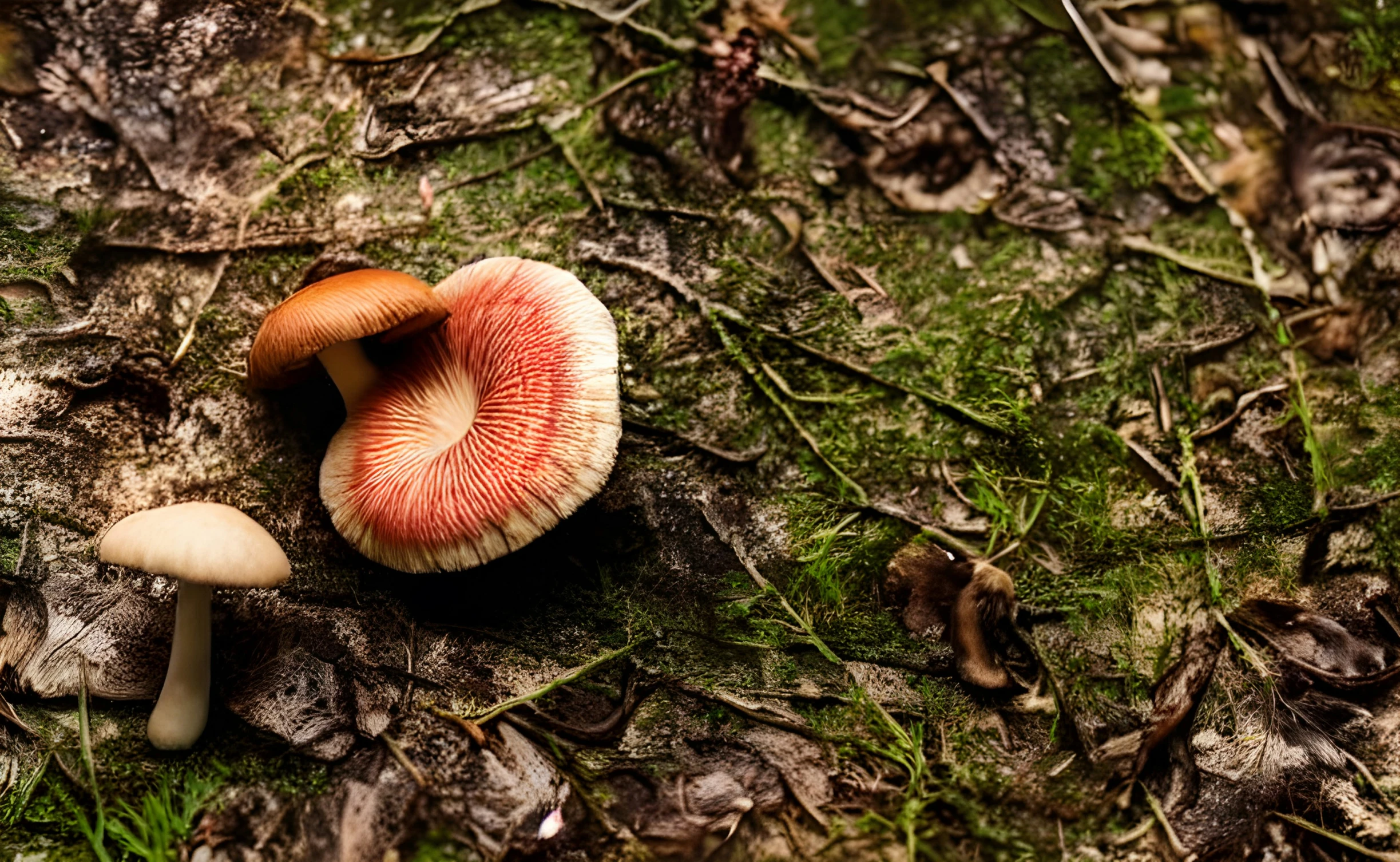 a mushroom on the ground surrounded by grass and leaves