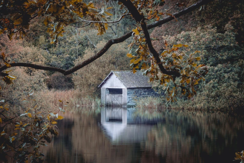 there is a small cabin on the water