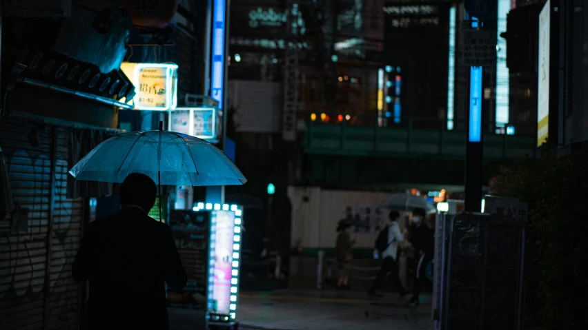 silhouette of person holding umbrella at night on sidewalk with urban city lights