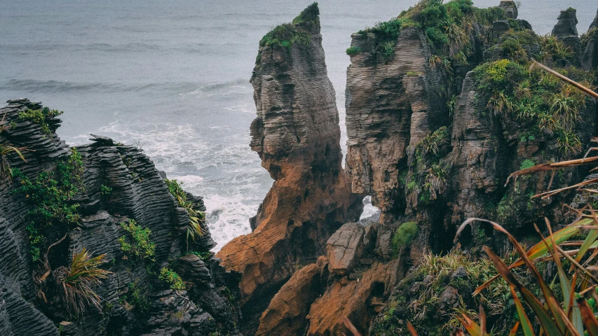 a view of a group of large rocks with bushes growing in the foreground and the ocean below