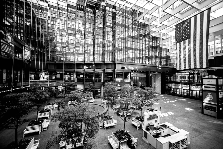 a large building that has a lot of tables and chairs