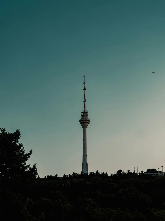 the silhouette of a tower on top of trees