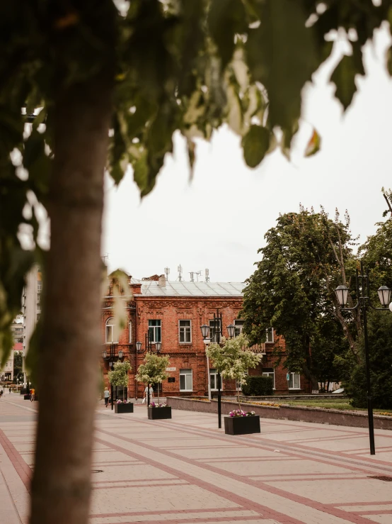 a courtyard with many trees and a brick building in the background