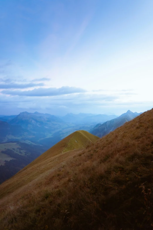 two hikers walking up a grassy mountain side