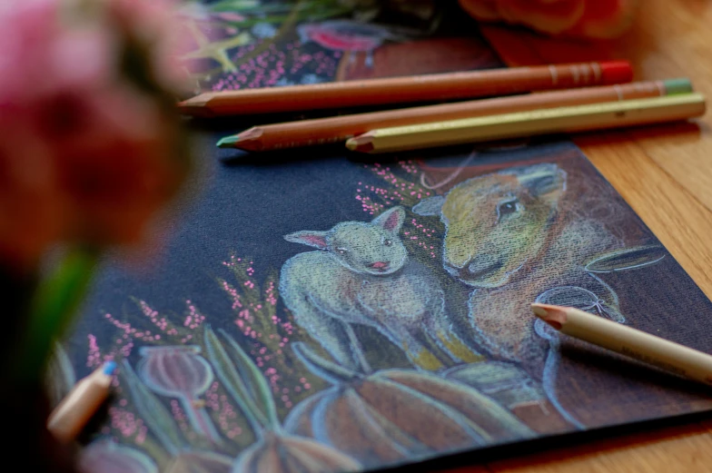 two pencils sitting on a table next to some drawings