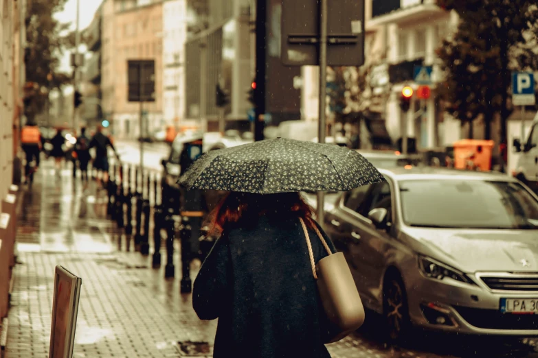 a woman with an umbrella walking on a rainy sidewalk